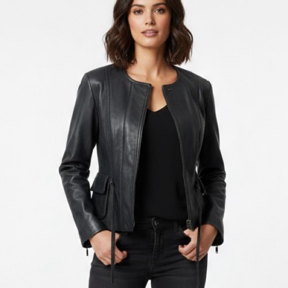 Sandra Angelozzi Genuine Leather Fitted Bluish Black Jacket Womens Size S